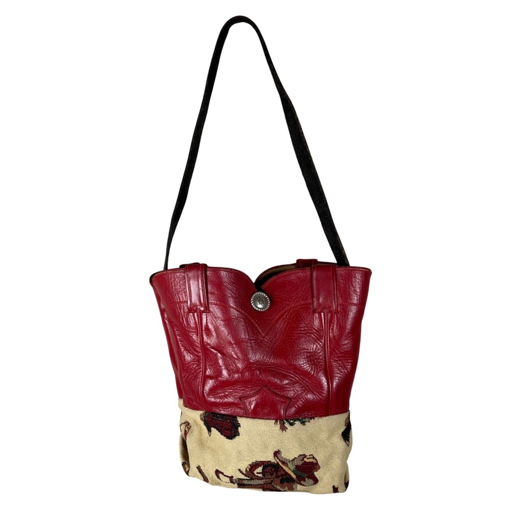 Vintage Red Leather Cowboy Boot Purse Upcycled Tapestry‎ Western Shoulder Bag